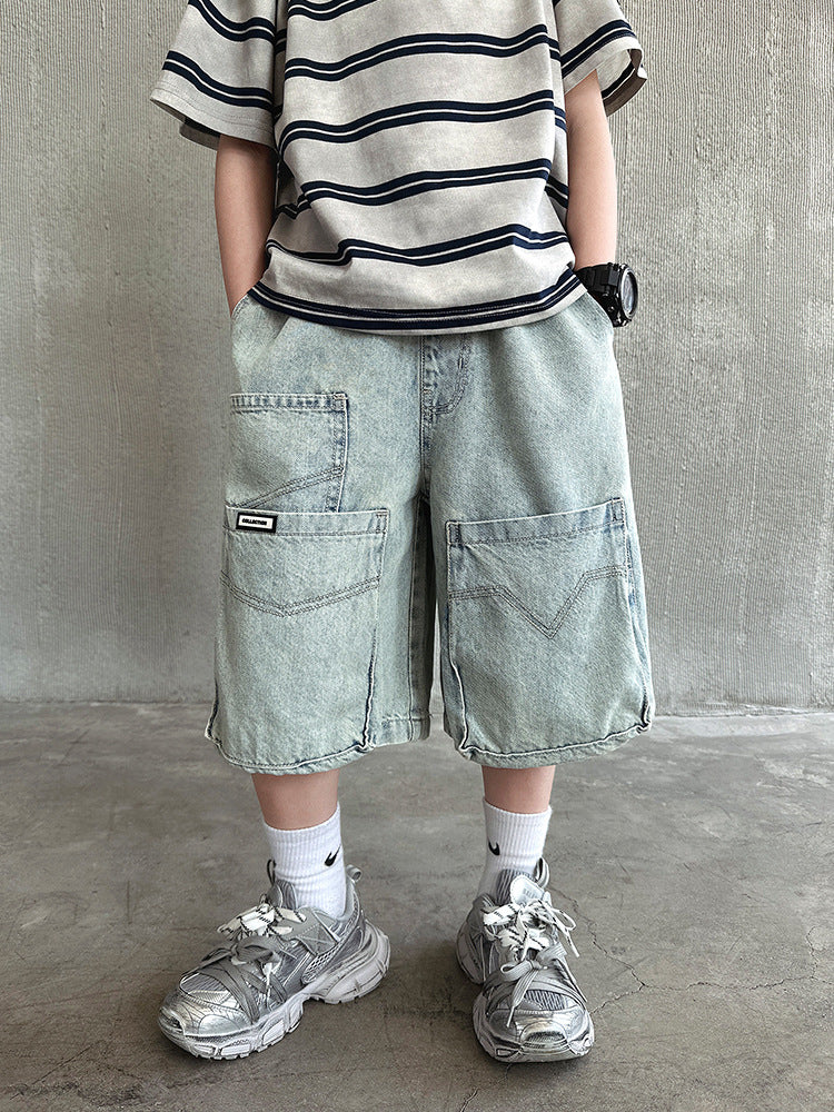 Boys Denim Work Shorts with Elastic Waist