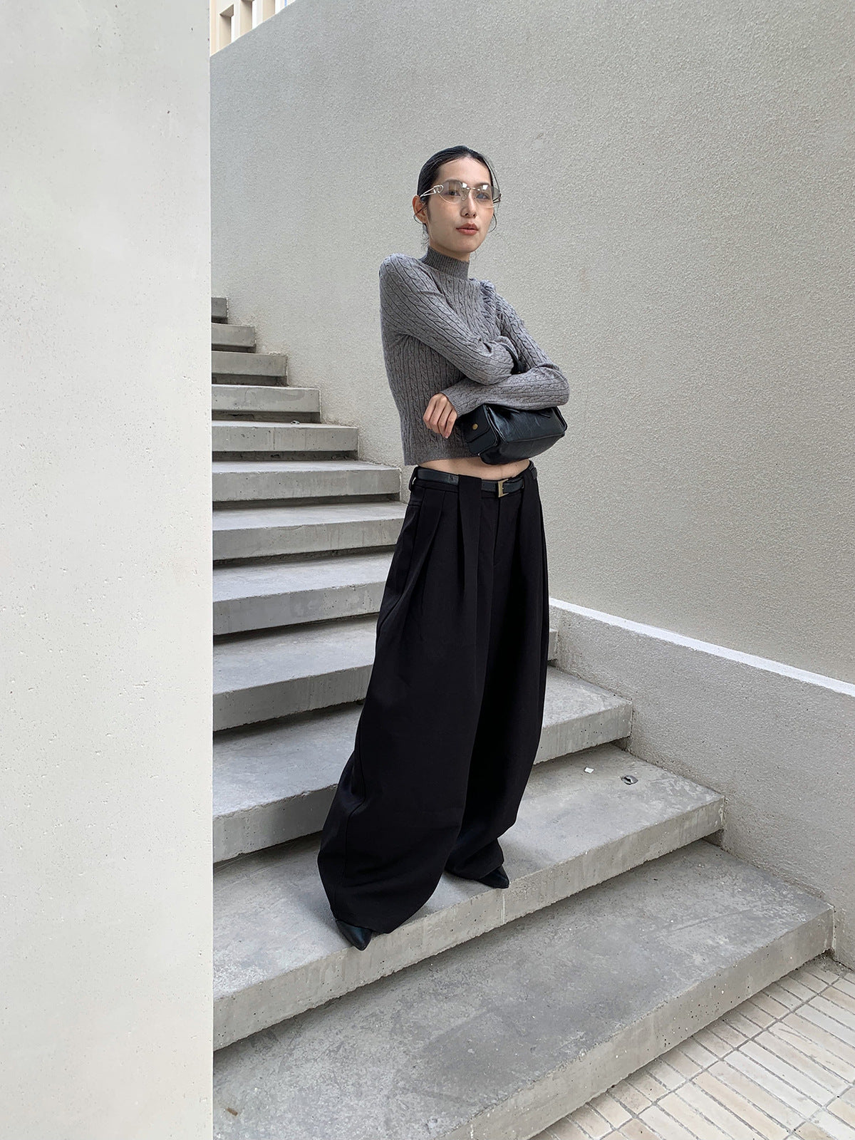 Pleated Scimitar Wide-Leg Trousers for Women